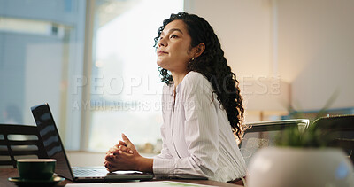 Buy stock photo Business woman, thinking and laptop in office for legal research, case preparation or drafting will. Attorney, female person and advocate at law firm for court review, lawsuit idea or legislation