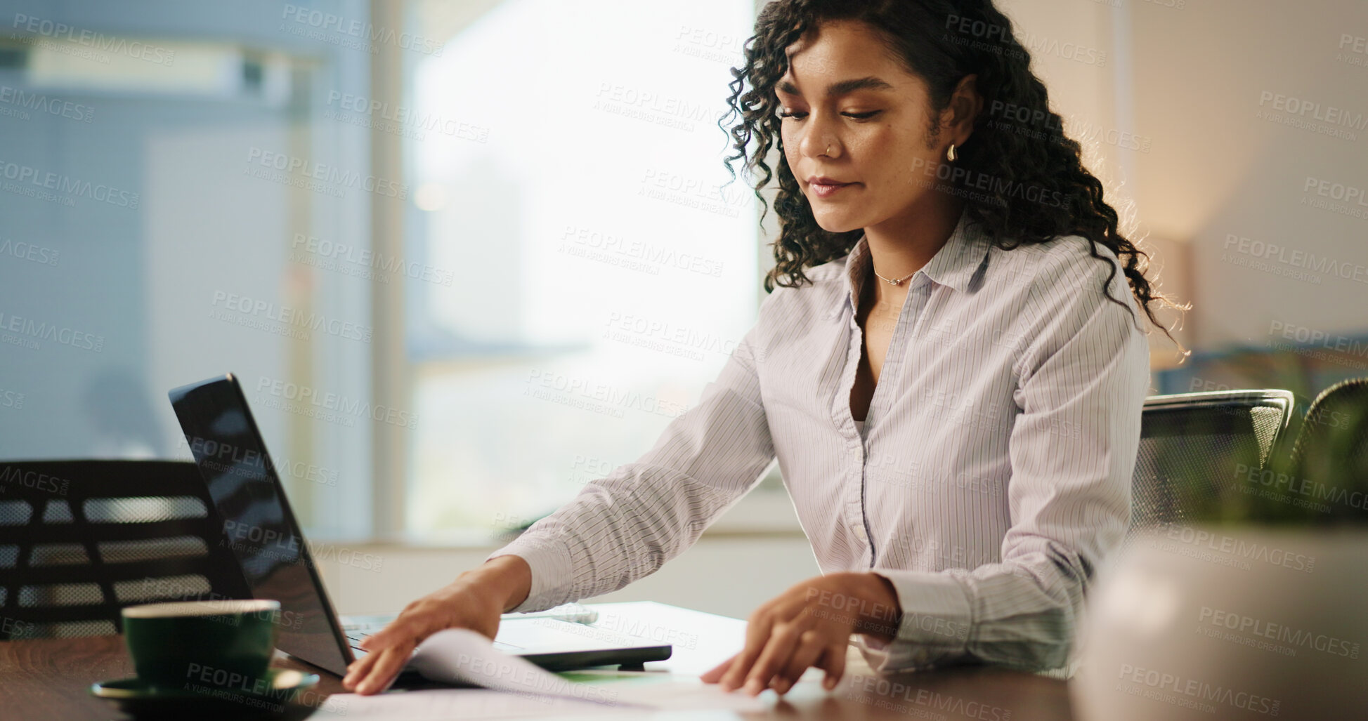 Buy stock photo Lawyer, woman and document in office for research, advocate and case thinking. Legal aid, laptop and online report for opportunity with attorney person with law firm, agency and reading legislation