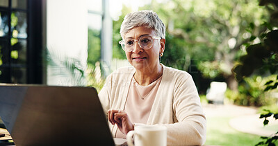 Buy stock photo Senior woman, laptop and house outdoor for finance report, loan application and review budget. Elderly person, reading and pc of mortgage payment, expenses information and balance account in backyard