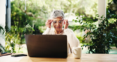 Buy stock photo Glasses, reading and laptop with old woman at home for retirement fund savings, pensioner asset and budget. Tax return, planning and loan approval with senior person outdoor for online finance