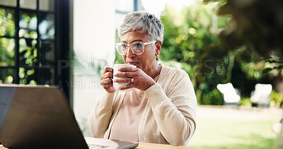 Buy stock photo Patio, employee and woman with coffee, laptop and proofreading draft on web, online and remote work. Outdoor, freelancer and mature person with caffeine at home, ghostwriter or review of ebook on app