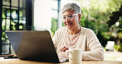 Buy stock photo Senior woman, reading and laptop at house for finance report, loan application and review budget. Elderly person, pc and online for mortgage payment, bills information and balance account in backyard