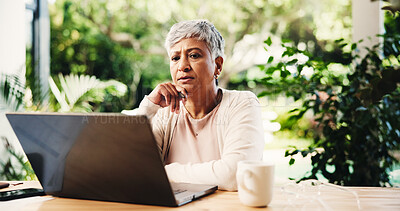 Buy stock photo Thinking, freelancer and mature woman with laptop for reading, planning lesson or course idea. Remote work, computer or problem solving with thoughts in home backyard for education with serious tutor