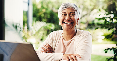 Buy stock photo Portrait, elderly woman and laptop at house for financial planning, loan application and smile. Confident, senior person and arms crossed with pc, mortgage payment and online expenses for retirement