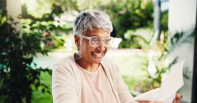 Buy stock photo Senior, happy woman or winning with receipts for tax return, deduction or finance at home. Mature, female person and celebration with smile for financial freedom, retirement or pension fund at house