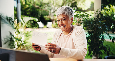 Buy stock photo Letter, senior or excited woman with receipts for tax return, deduction or savings in home. Celebrate, mature person and success with smile for financial freedom, retirement or pension fund at house