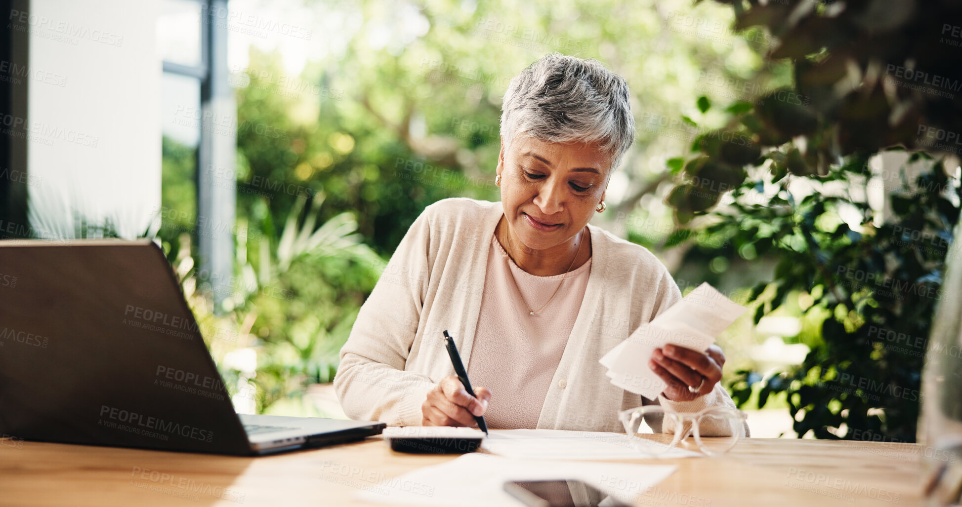 Buy stock photo Laptop, writing and bills with old woman at home for retirement fund savings, pensioner asset and budget. Tax return, planning and loan approval with senior person in apartment for online finance