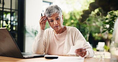 Buy stock photo Bills, laptop and stress with old woman in home for life insurance, widow payout and research. Death benefit policy, account cost and worry with senior person outdoor for application paperwork