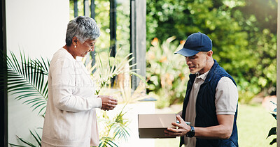 Buy stock photo Delivery man, senior woman and box at front door for online shopping, distribution and logistics. Courier service, customer and happy with package for ecommerce, transport and parcel shipment at home