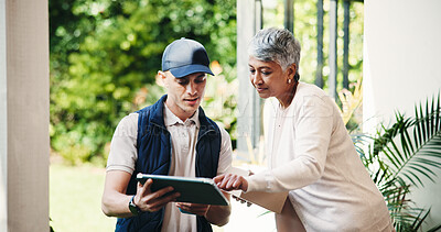 Buy stock photo Delivery, old woman and package with tablet at front door for digital signature, POS or service. Courier, logistics and customer with box for online shopping, parcel distribution or ecommerce at home