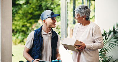 Buy stock photo Delivery man, senior woman and box at front door for online shopping, distribution and logistics. Courier service, customer and happy with package for ecommerce, payment and parcel shipment at home