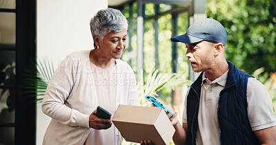 Buy stock photo Delivery man, senior woman and box with POS for phone purchase, digital payment and transaction. Courier, front door and customer with package for online shopping, distribution and ecommerce at home