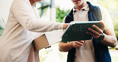 Buy stock photo Tablet, hands and signature for delivery of package, distribution and ecommerce service. Person, courier and customer sign on technology for order confirmation, box receipt and logistics outdoor