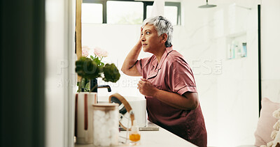 Buy stock photo Senior woman, home or check for hair care in bathroom for natural beauty, wellness or results. Morning, mature or person with mirror in house for cosmetic benefits, growth inspection or reflection