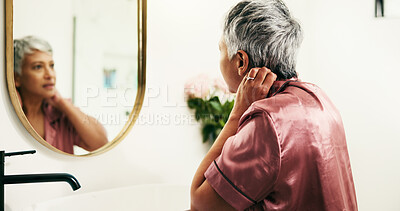 Buy stock photo Senior woman, stress or mirror for hair care in bathroom for beauty, style or texture results. Frustrated, mature or person with worry in home to check for alopecia, growth inspection or reflection