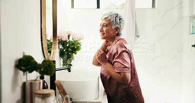 Buy stock photo Senior woman, smile or mirror for skincare in bathroom for natural beauty, wellness or results. Morning, mature or person with reflection in house for cosmetic benefits, growth inspection or check