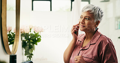 Buy stock photo Skincare, senior woman or face roller in bathroom mirror for anti aging, beauty routine or self care. Morning, happy person and jade stone tool in home for lymphatic drainage and puffiness reduction