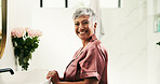 Portrait, elderly woman and skincare in bathroom for grooming, facial cosmetics and treatment. Smile, senior person and shine with natural beauty, dermatology progress and hydration benefits at house