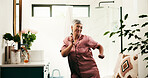 Dance, energy and senior woman in bathroom for morning, skincare and routine. Beauty, excited and wellness with happy mature person in apartment for antiaging, dermatology or gua sha for retirement