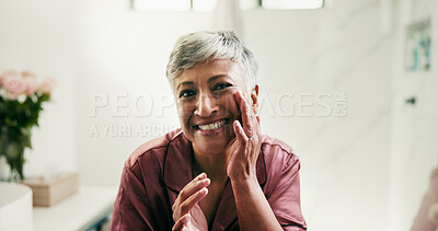 Buy stock photo Portrait, senior woman and skincare in bathroom to check results, facial cosmetics and treatment. Smile, elderly person and touch face for beauty, dermatology progress and hydration benefits at house