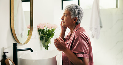 Buy stock photo Senior woman, mirror and check skincare for collagen results, facial glow and treatment. Elderly person, reflection and natural cosmetics for beauty, dermatology progress and hydration shine at house