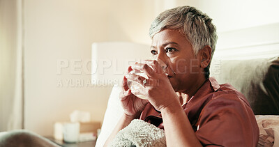 Buy stock photo Bed, drinking water and mature woman in home for wellness, hydration and morning routine. Nutrition, thinking and thirsty pensioner in bedroom with liquid, aqua and health benefit in retirement