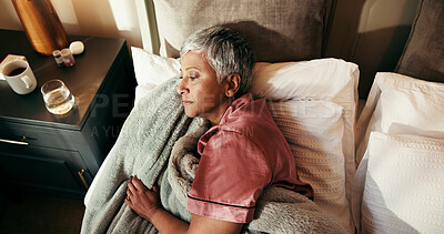 Buy stock photo Thinking, tired and relax with old woman in bed for insomnia, reflection and retirement. Fatigue, sleeping pills and memory with above of senior person in bedroom of home for mental health and rest