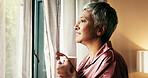 Wake up, curtain and senior woman with coffee in bedroom for reflection, start day and relax. Retirement, home and mature person with drink in morning by window for sunlight, resting and thinking

 