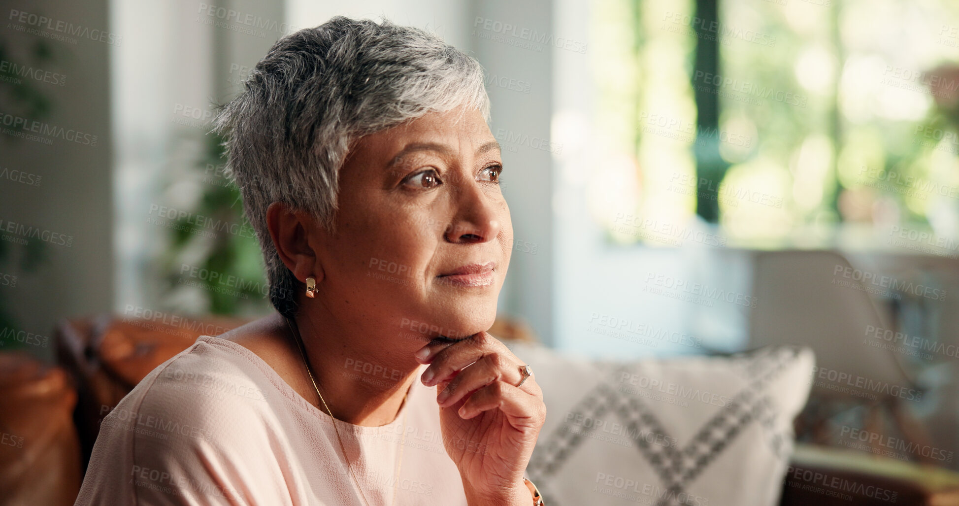 Buy stock photo Remember, thinking and senior woman in home for ideas, reflection and nostalgia on sofa. Decision, choice or elderly female person daydreaming with past memory, hope and peace in retirement house
