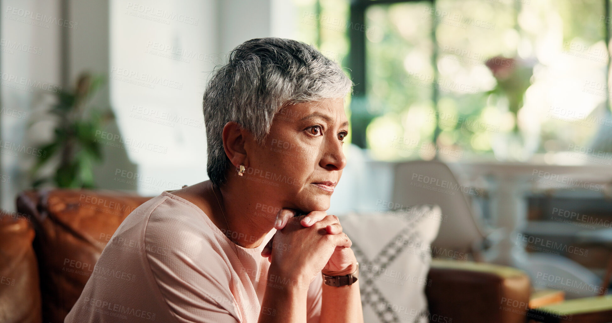 Buy stock photo Sad, regret and senior woman thinking with stress, Alzheimer or dementia on sofa. Memory loss, guilt and worried elderly person with depression in retirement or house with anxiety, choice and doubt
