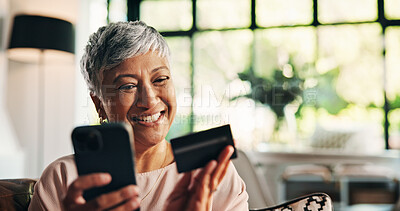 Buy stock photo Mature woman, phone and credit card with smile, excited and discount for ecommerce, sale or home. Person, smartphone or mobile app for fintech, bonus or easy payment for online shopping at house