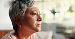 Frustrated, regret or senior woman thinking with worry, Alzheimer or dementia on sofa. Memory loss, guilt or worried elderly lady with depression in retirement or house with anxiety, choice or doubt