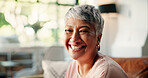 Happy, home and portrait of senior woman laugh on sofa for relaxing, rest and chill in living room. Retirement, morning and face of mature person on couch for comfort, positivity or wellness in house