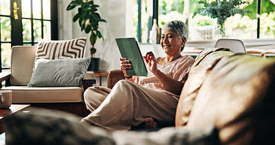 Buy stock photo Senior, woman or relax with tablet on sofa for online bingo, gambling site and internet surfing. Retirement, old person or happy with digital tech in home for streaming subscription and app download
