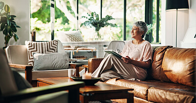 Buy stock photo Home, daydreaming and woman with tablet in lounge, relax and subscription for entertainment and app. Happy, mature person and think with tech in living room, break and smile for social media in house