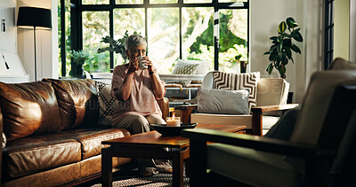 Buy stock photo Coffee, thinking or senior woman in apartment to relax for nostalgia, daydreaming or memory. Remember, inspiration or elderly person in lounge of home for retirement, insight or reflection of ideas