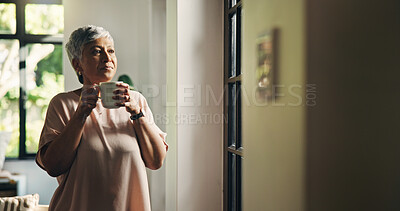 Buy stock photo Senior woman, coffee and thinking by window in home, memory or reflection for nostalgia in morning. Person, tea cup and perspective with beverage, drink and remember with inspiration in retirement