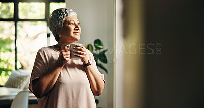 Buy stock photo Remember, thinking or senior woman with tea in home for ideas, reflection or nostalgia. Decision, coffee or elderly female person drinking beverage with past memory, hope or peace in retirement house
