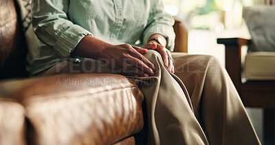 Buy stock photo Knee pain, hands and emergency with old woman on sofa for osteoporosis, injury and arthritis. Parkinson cramp, mobility risk and anatomy with senior person in living room of home for fibromyalgia