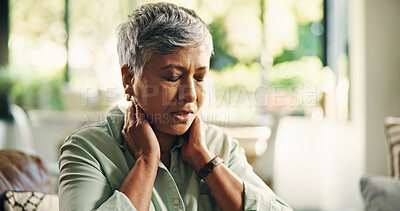 Buy stock photo Living room, neck pain and mature woman with sore, massage or discomfort of injury from bad posture. Tension, swollen and stiffness of joints, osteoarthritis or muscle strain for old person in house