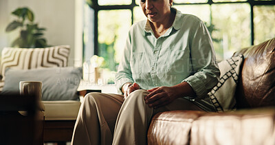 Buy stock photo Knee pain, injury and senior woman in home for 
osteoporosis, leg joint and emergency. Arthritis cramp, mobility risk and anatomy with hurt mature female person in house living room for fibromyalgia