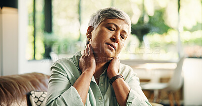 Buy stock photo Living room, neck pain and senior woman with tension, massage or discomfort of injury from bad posture. Sore, swollen and stiffness of joints, osteoarthritis or muscle strain for old person in house