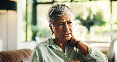Buy stock photo Living room, neck pain and senior woman with strain, massage or discomfort of injury from bad posture. Sore, swollen and stiffness of joints, osteoarthritis or muscle tension for old person in house