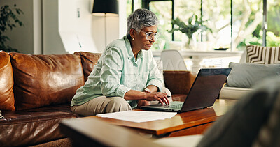 Buy stock photo Old woman, finance and laptop in home for debt, budget planning and insurance application. Savings, retirement and serious senior person with computer in living room for expenses, bills and pension