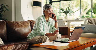 Buy stock photo Senior woman, laptop or phone call on sofa for online banking query, tax planning or loan feedback. Budget, old person and talking to finance agent in home for retirement savings account or insurance
