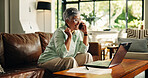 Finance, laptop and old woman with phone call celebration for tax return, good news or debt free. Success, senior person or talking to financial agent in home for retirement savings or pension rebate