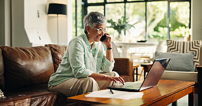 Buy stock photo Senior woman, laptop or phone call in home for annuity fund query, tax planning or online assistance. Budget, old person and talking to finance agent on sofa for retirement savings account and update