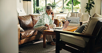 Buy stock photo Phone call, laptop and senior woman with smile for pension, planning and good news in home. Computer, cellphone and mature female person with discussion for investment document or account update