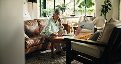 Buy stock photo Phone call, laptop and mature woman with documents for pension, planning and funds in home. Computer, cellphone and senior female person with discussion for investment or account update in house