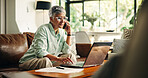 Budget, finance or senior woman with phone call by laptop for annuity fund, tax planning or banking. Wealth, old person and talking to consultant in home for retirement savings account or bills query